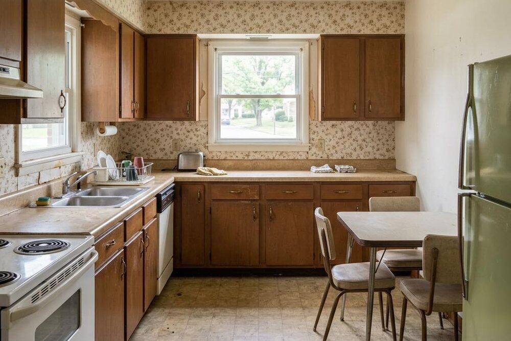 Dated but livable kitchen with worn wood cabinets, counters, and flooring